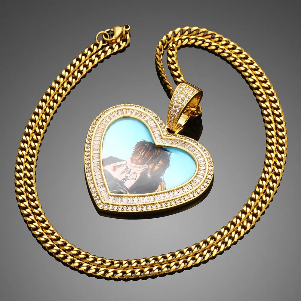 18K Gold Plated Brass Metal Custom Heart Shape Photo Medallion Necklace