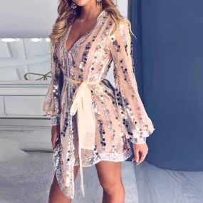 Casual Tassel Embellished Long Sleeve Sequin Tulle Dress