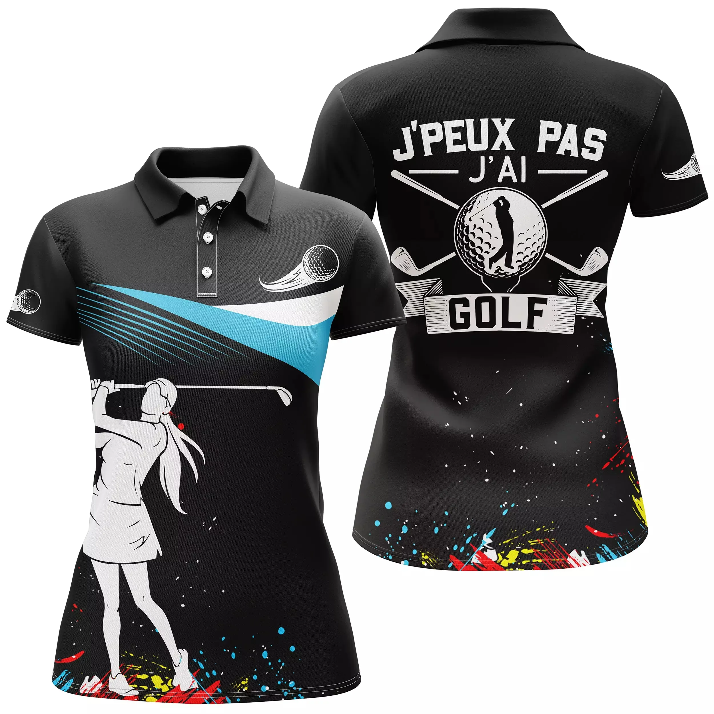 Chiptshirts Polo de Golf, Polo de Sport Manches Longues Homme Femme, Noir et Bleu Ciel, Motif Balle de Golf, Golfeur, Golfeuse, J'peux Pas, J'ai Golf - CT03062229